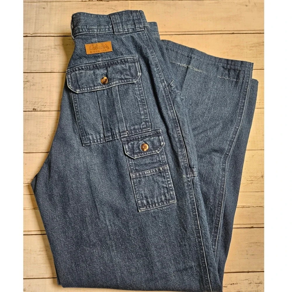 Cabelas Hiker Vintage High Waisted Cargo Jeans Wide Leg Denim Blue Pleated Sz 10